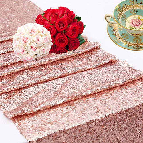 2pcs Rose Gold Sequin Table Runners,12 X 108 Inch Glitter Rose Gold Table Runner for Wedding Birthday Bachelorette Baby Shower Party Supplies