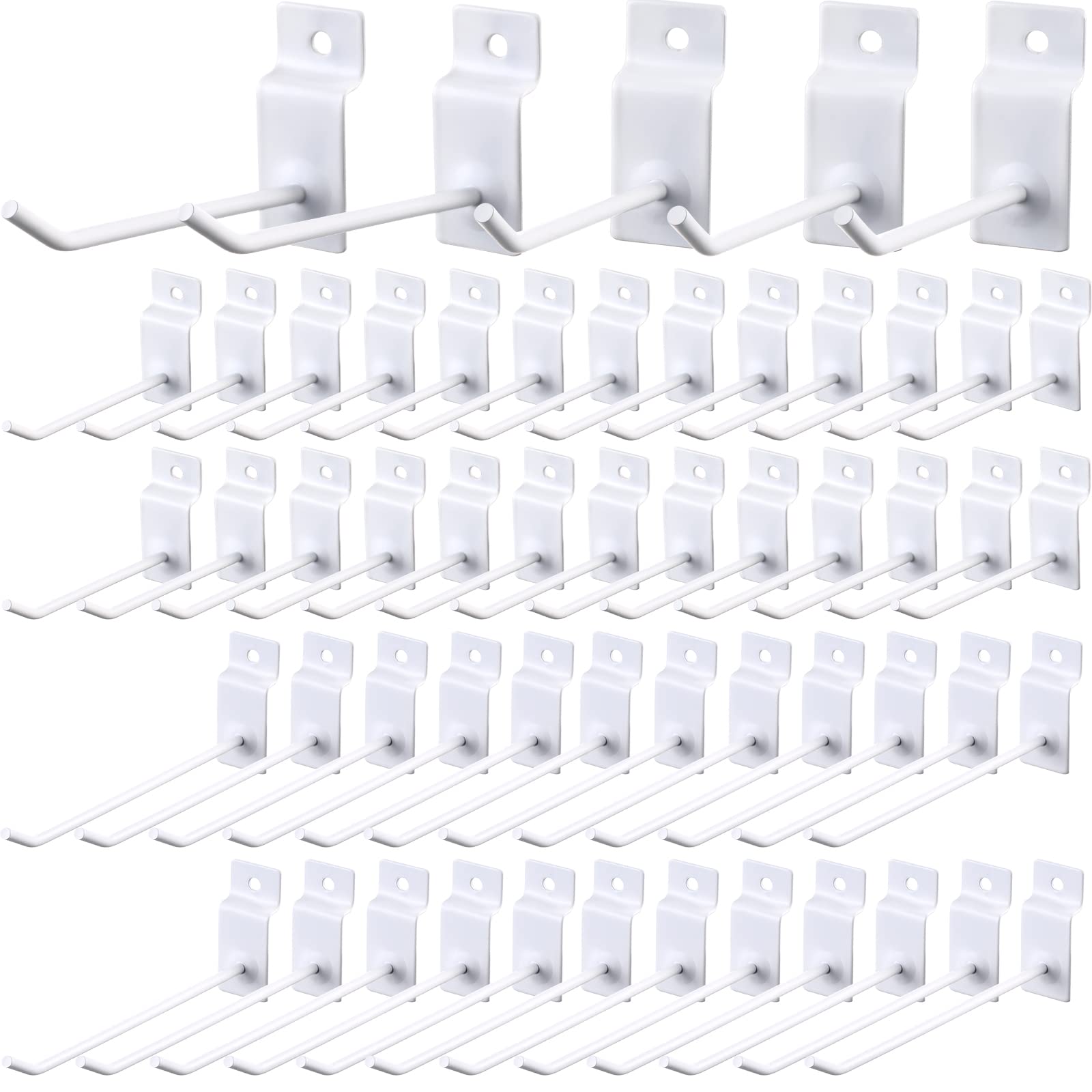 Photo 1 of Moxweyeni 50 Packs Slatwall Hooks 4 Inch 6 Inch Slatwall Accessories Metal Slat Wall Hanging Hooks Hangers and Pegs for Xmas Garage Shop Retail Display, White