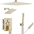 Aolemi Shower Faucet Set Ceiling Mount Shower System Rough-in Valve and Shower Trim Kit 12 and 6 Inch Dual Shower Head 2 in 1 Handheld Spray Push Button Diverter Brushed Gold