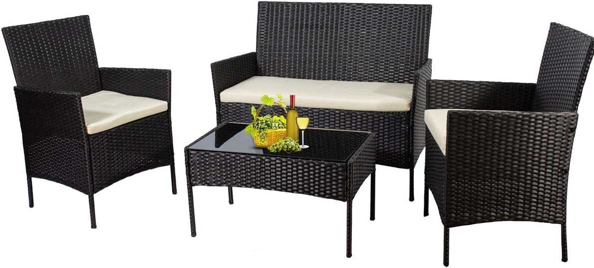 Patio Furniture Sets Outdoor 4 Pieces Indoor Outdoor Use,Conversation Sets with Cushion,Rattan Wicker Chair with Coffee Table for Indoor Backyard Lawn Porch Garden Poolside Balcony (Black)