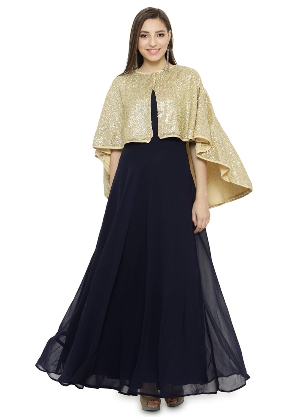 just wow navy blue & golden poly georgette women's dress