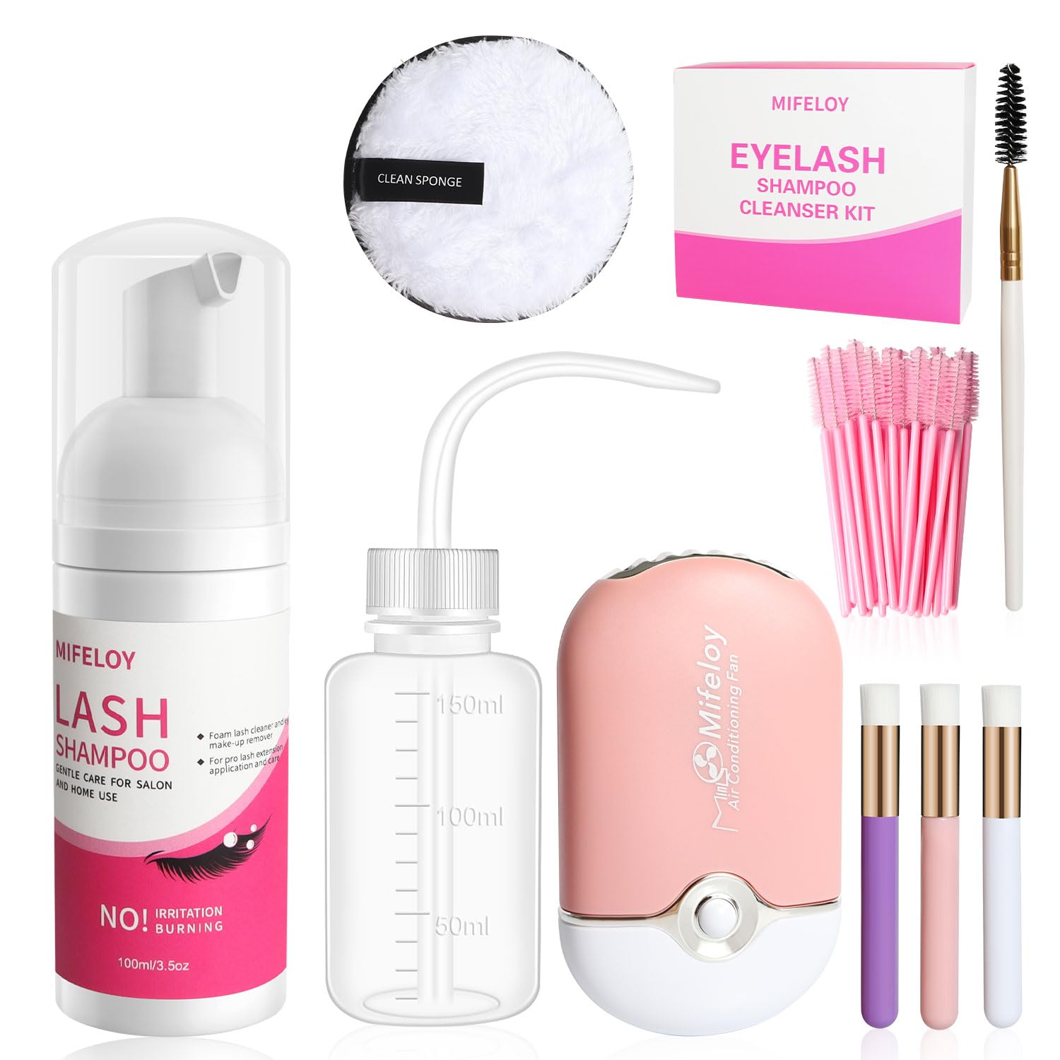Eyelash Shampoo Cleanser Set, Lash Extension Clean Mousse, Mini USB Fan Dryer, Wash Bottle, Mascara Brush, Cleansing Brushes, Makeup Remover Pad, Disposable Microbrushes, Women Beginner Home Salon Use