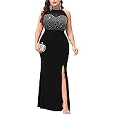 ZOMVA Women's Plus Size Sexy Evening Gown Sparkly Rhinestone Bodice Halter Neck Maxi Dress with High Split Club Party
