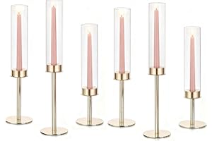 Glasseam Hurricane Gold Candlestick Holder, Set of 6 Tall Candle Stick Candle Holder with Hurricane Chimney, Modern Taper Candle Holder for Table Centerpiece Wedding DiningTable Christmas Decor