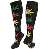 Women's Rasta Leaves Marijuana Weed Leaf Knee High Fashion Socks (Black)
