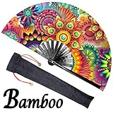 OMyTea Large Bamboo Rave Festival Folding Hand Fan for Men/Women - Chinese Japanese Handheld Fan with Fabric Case - for Electronic Dance Music Party, Performance, Decorations, Gift (Fantasy Flowers)