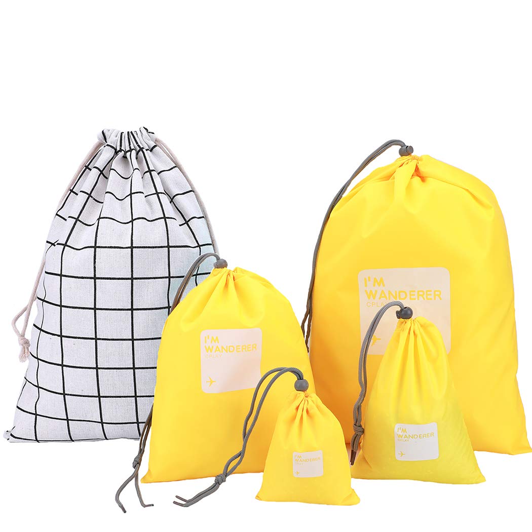 Amoyie 5 pcs Drawstring Organiser Bags Set for Travel Gym Home Accessories - Yellow