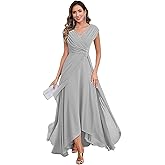 Czbbe Beaded Mother of The Bride Dresses with Cape Sleeves V Neck Chiffon Pleated Tea Length Formal Evening Gown