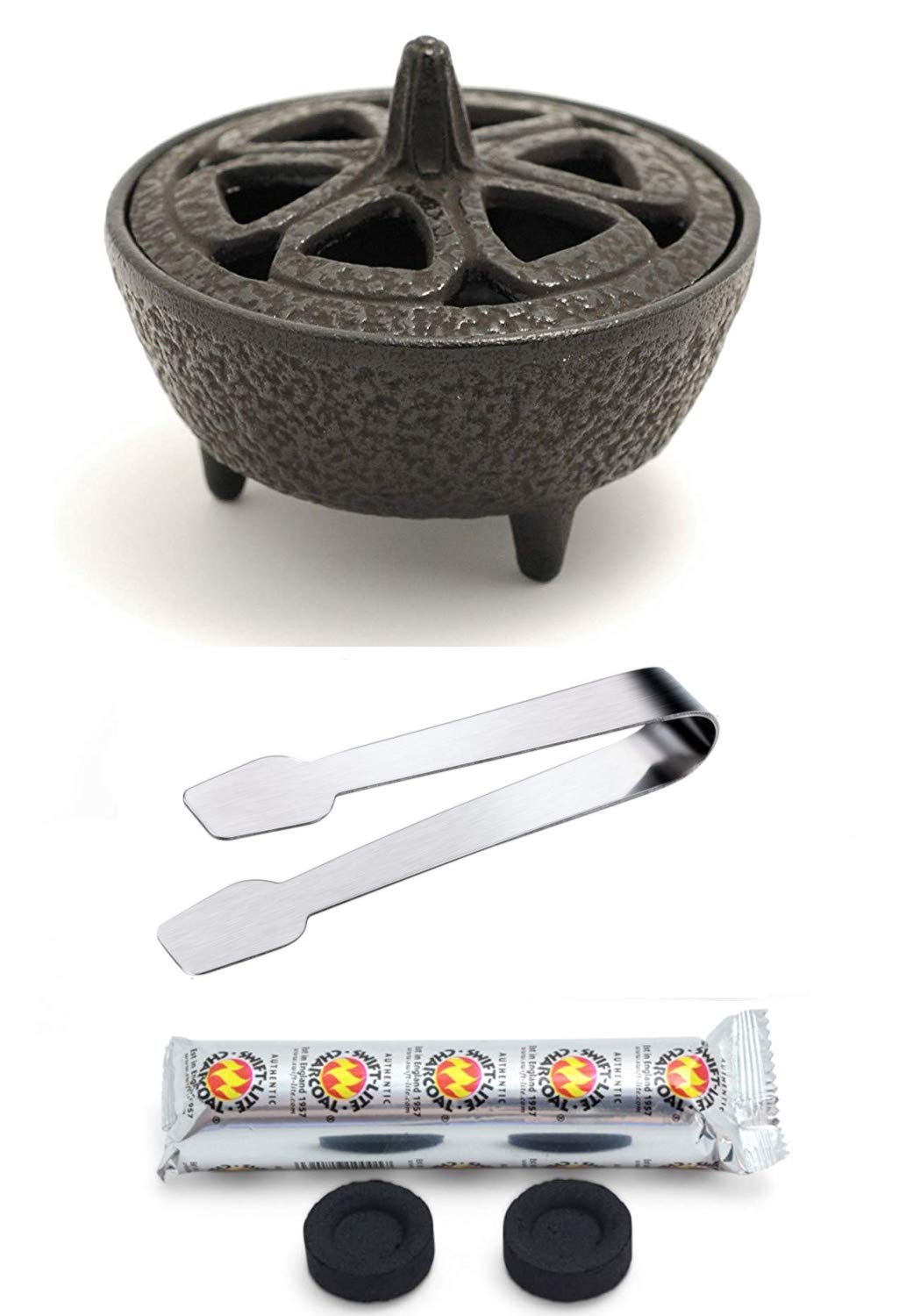 Incense Burner Kit with Cast Iron Burner, Charcoal and Tongs - For Burning Fresh Incense - Complete System