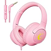 Kids Headphones with Microphone for School, 85/94 dB Volume Limit, Wired Over Ear Girls Headphones for Kids with Stereo Sound 3.5mm Wired Cord for Kindle Tablet Airplane Travel, Pink