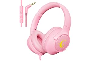 BOTESTY SOUND Kids Headphones with Microphone for School, 85/94 dB Volume Limit, Wired Over Ear Girls Headphones for Kids with Stereo Sound 3.5mm Wired Cord for Kindle Tablet Airplane Travel, Pink
