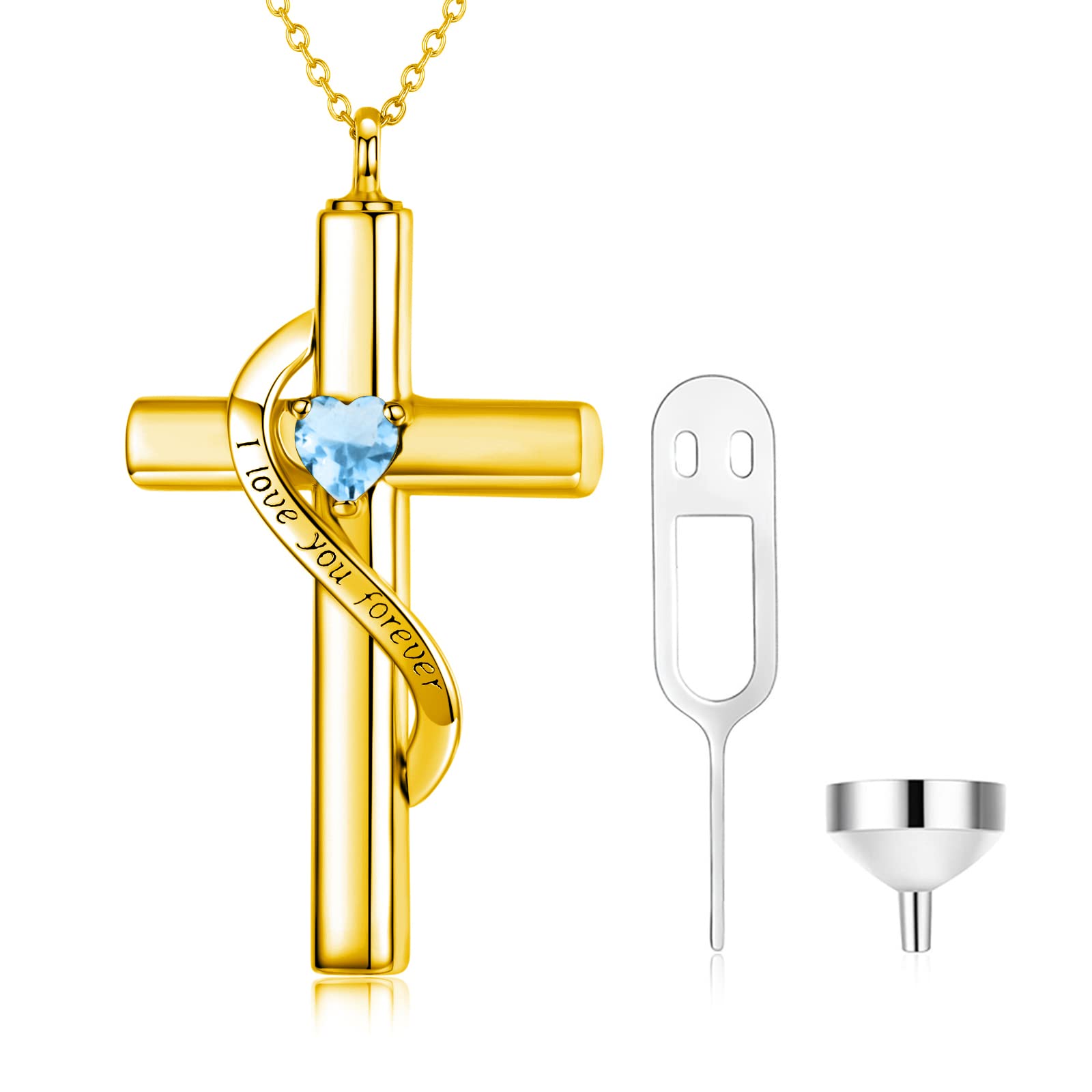 SOULMEET Crystal Cross Necklace for Ashes, Gold Plated Silver I Love You Forever Birthstone December Cross Urn Necklaces for Ashes Keepsake Cremation Jewelry for Pet Human Ashes