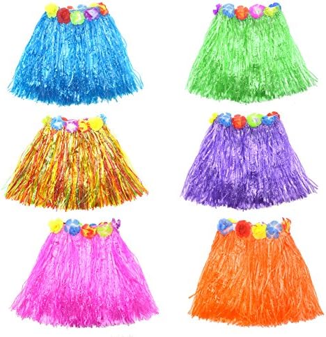 6pcs Kids Luau Hula Party Skirts, YSLF Hawaiian Dancer Skirt with Elastic Floral Waistbands Assorted Color 40cm