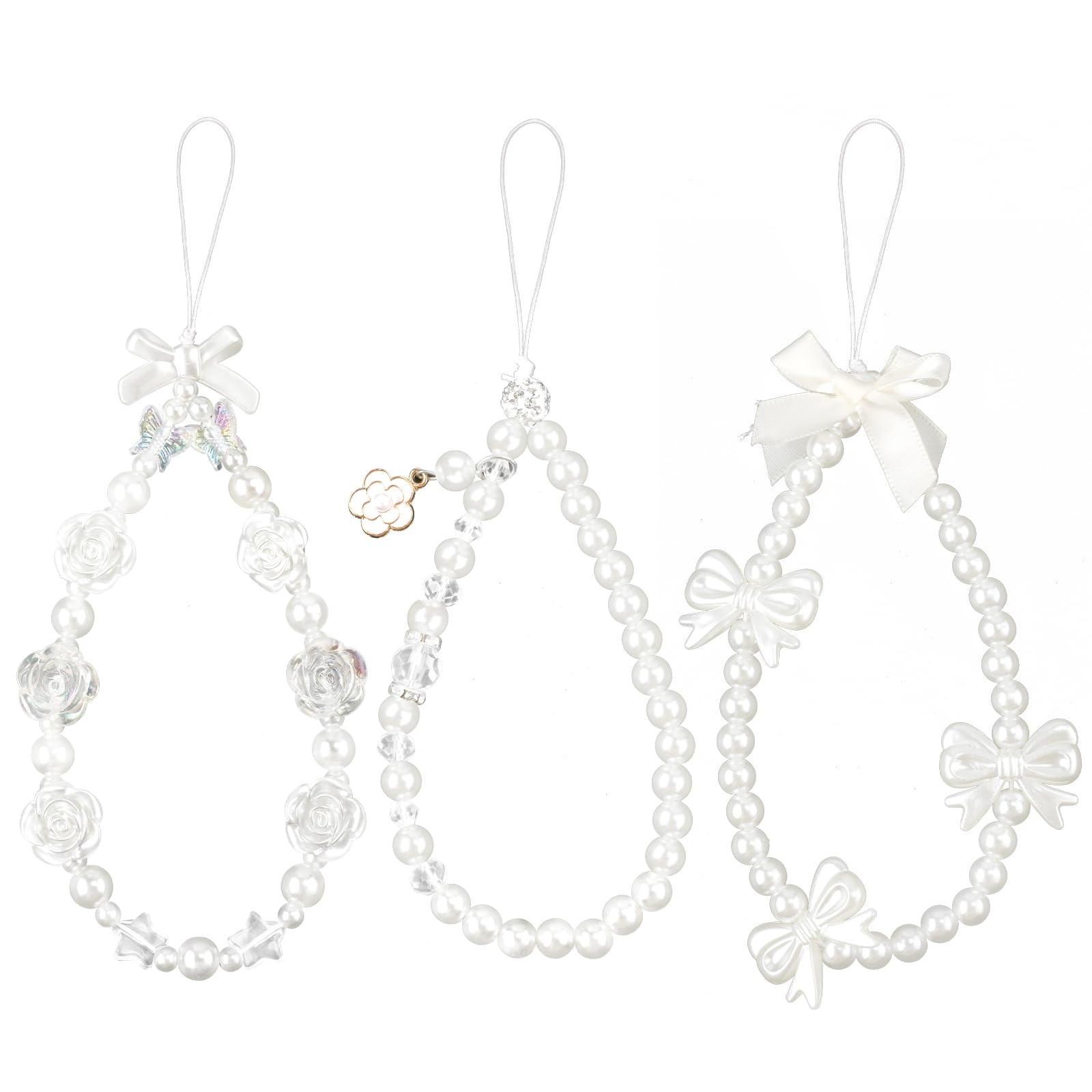 NQEUEPN 3pcs Beaded Phone Bracelet Strap, White Pearl Bow Cell Phone Charms Rose Flower Phone Chain Lanyard Y2K Phone Wristlet for Women Girls