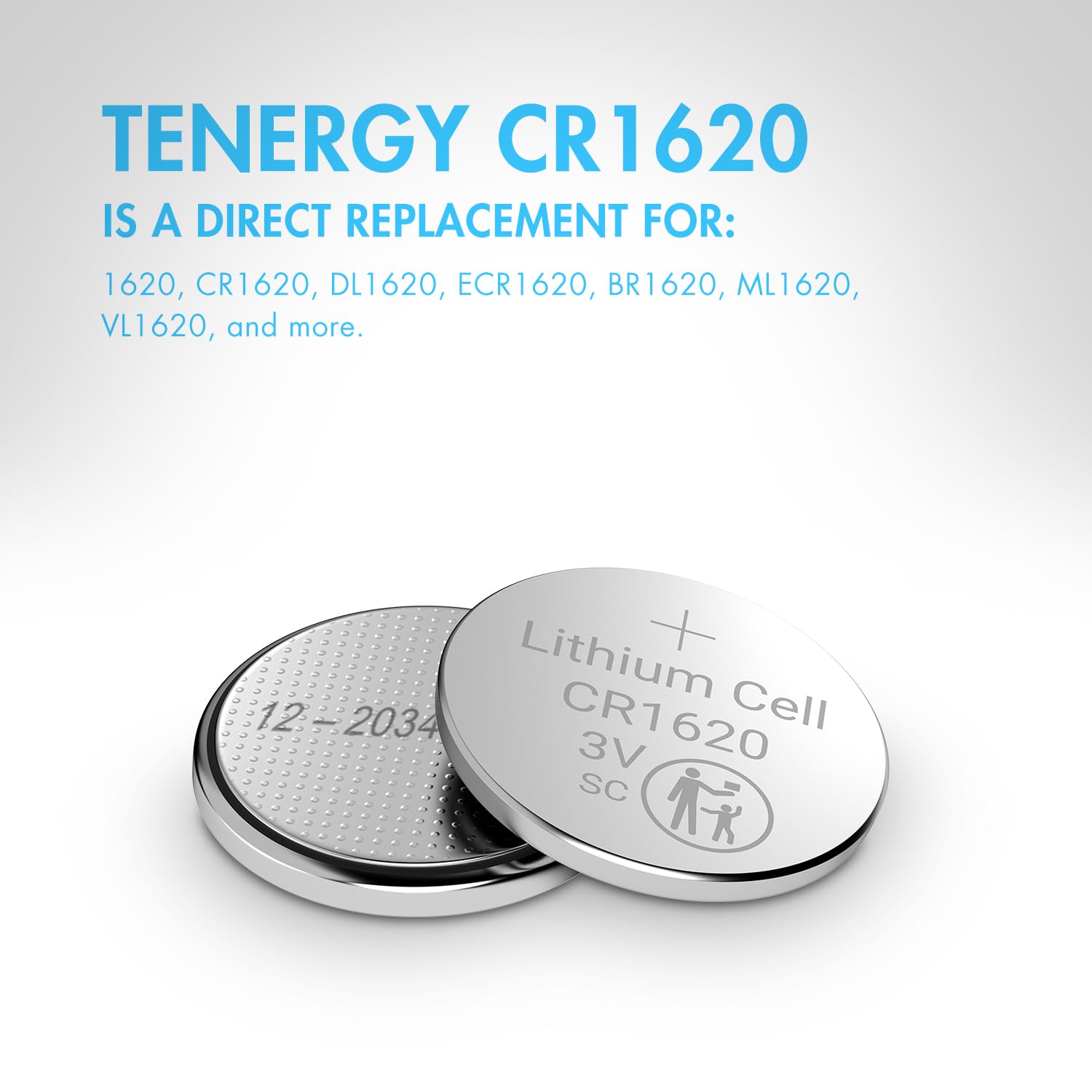 Tenergy CR1620 3V Lithium Button Cell Battery, for Car Keys, Watches, Calculators, Remote Controls, 5 Count