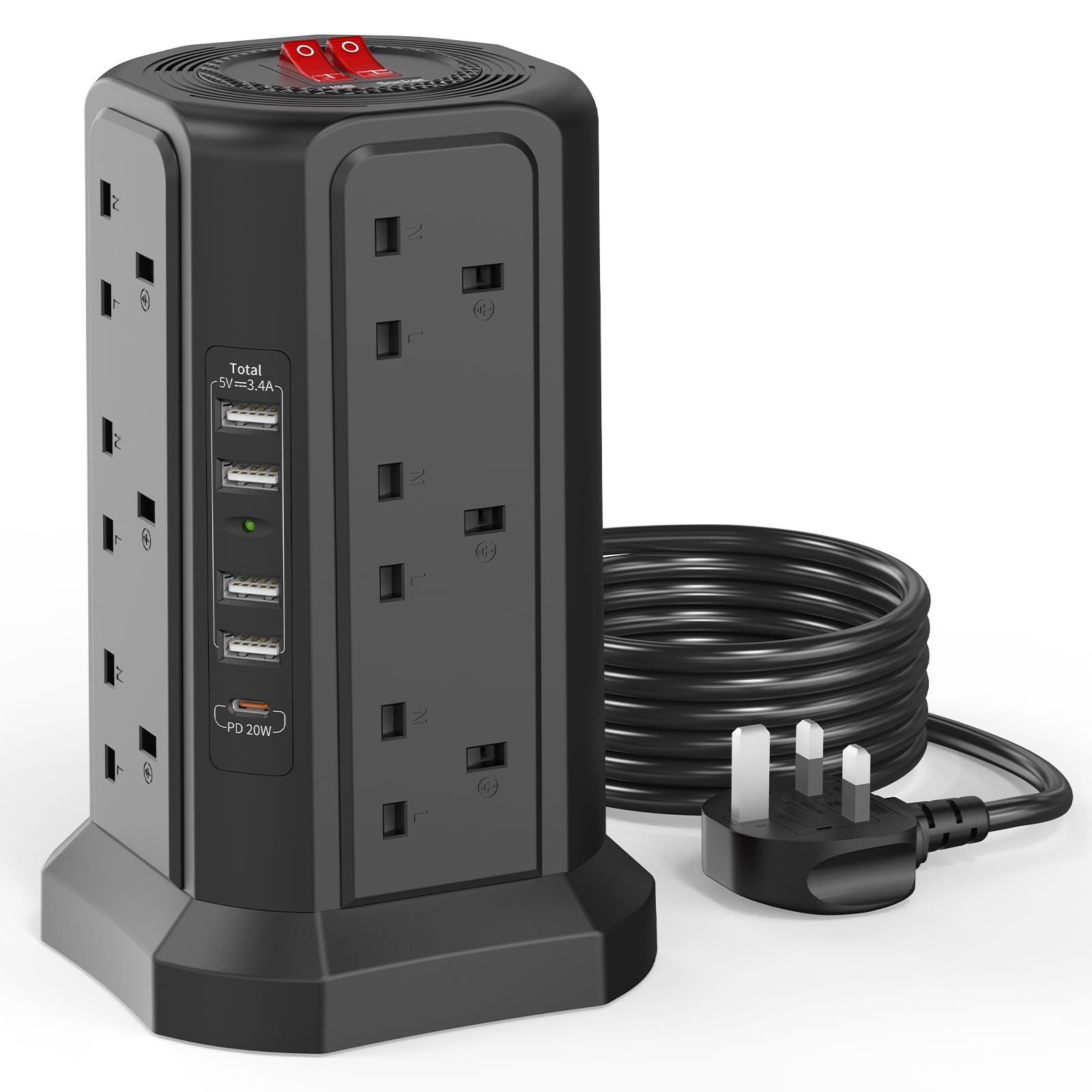 Tower Extension Lead with USB Slots 3M and 20W USB C Fast Charger, (13A 3250W) 5 USB Ports and 12 Way Extension Tower, Surge Protection Extension Lead with Switch, Extension Cable for Home, Office