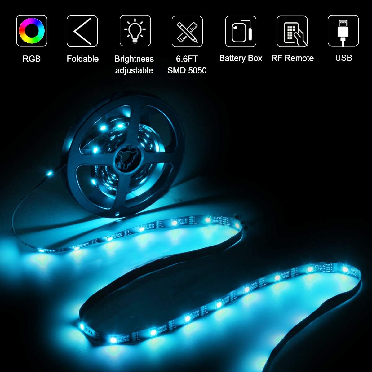 WOWLED RGB LED Strip Lights, 2M 60LEDs USB &Battery Operated 2 in 1 TV Backlights 5050 SMD Strip with RF Remote - Image 3