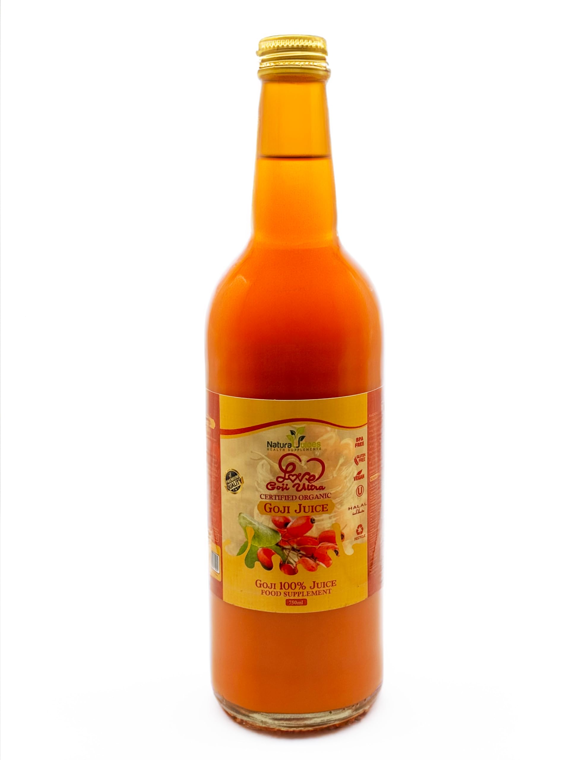NaturalJuices Love Goji Ultra - 100% Organic Goji Berry Juice, 750ml Glass Bottle | 19 Amino Acids & High Vitamin C | Antioxidant-Rich for Enhanced Immunity & Better Sleep|