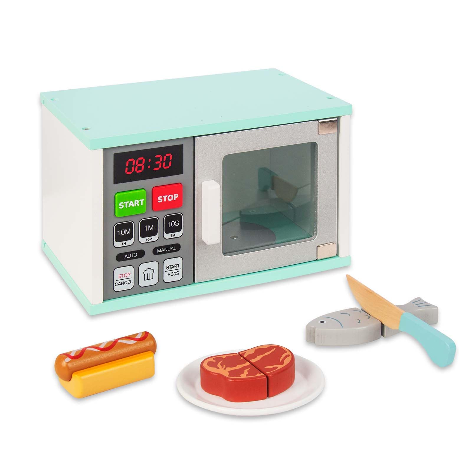 Photo 1 of WOODENFUN Toddler Play Kitchen Toys, Wooden Microwave Oven with Light and Realistic Sound, Pretend Play Kitchen Accessories, Learning Toy Birthday Gifts for Boys Girls 3-8 Year Old