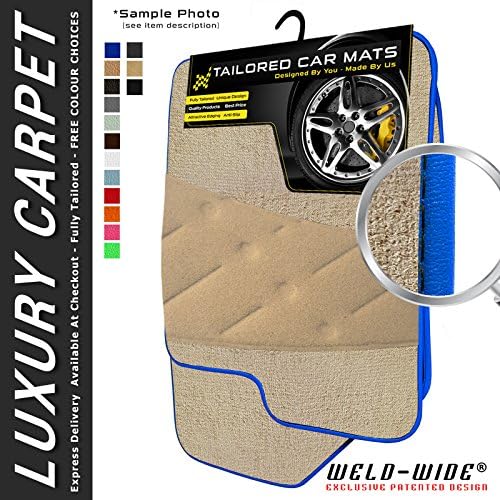 Fully Tailored Luxury Car Mats - Weld Wide Heel Pad - Beige Luxury Carpet - Blue Leatherette Trim - Beige Heel Pad - Car Mats