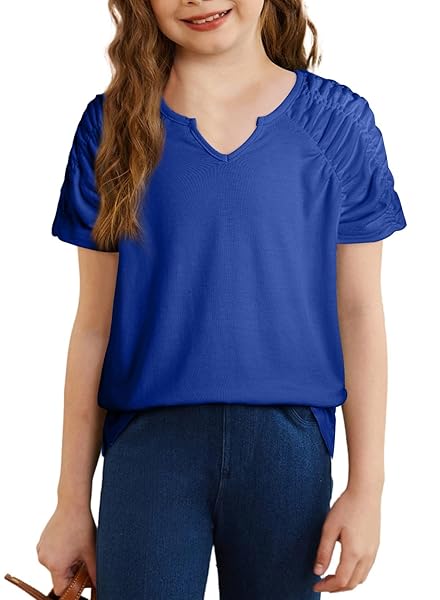 BLIBEAN LITTLE GIRLS SHIRTS BIG KIDS SHORT SLEEVE CASUAL TSHIRT FASHION OUTFITS DRESSY TOPS BLOUSE AGE 8T-9T (SIZE 8-9 YEAR) ROYAL BLUE