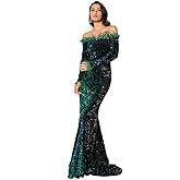 Romagic Off Shoulder Feather Long Sleeve Sparkle Sequin Floor Length Evening Party Dress