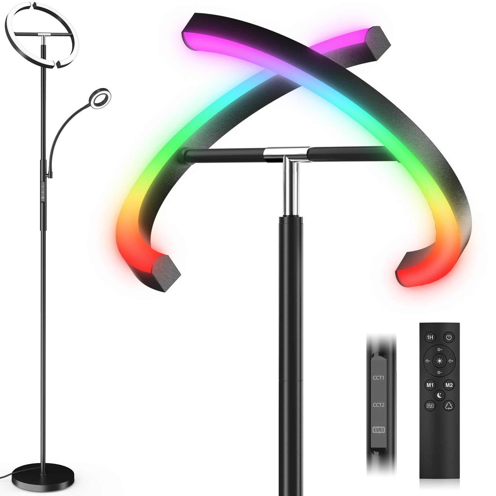 Photo 1 of SIBRILLE Upgraded RGBCW Floor Lamp with Reading Lamp, Rotatable Remote Control LED Standing Lamp Dimmable Floor Light Modern Standing Light for Living Room Bedroom Home Office, 36W, Black