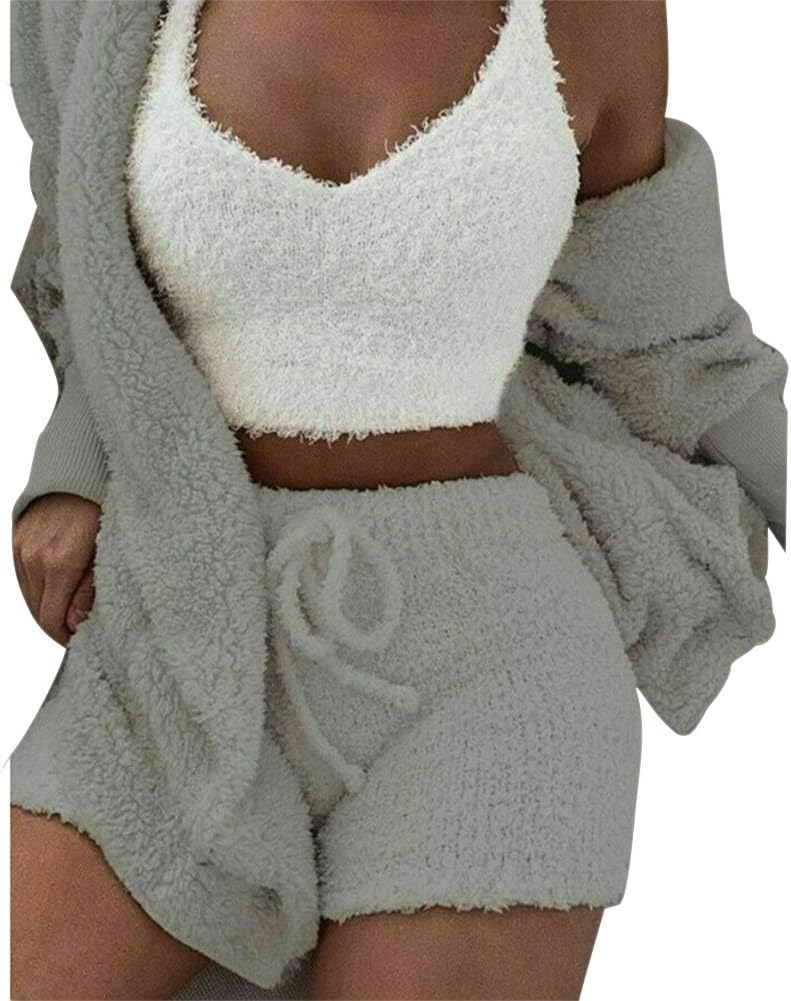 Tiakino Fluffy Hooded Long Sleeves Coat Open Front Teddy Shorts Vest Set for Women Winter