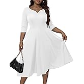 Runwind Plus Size Dresses Women Fit and Flare A-Line Swing Dress 3/4 Sleeve Midi Church Wedding Guest Cocktail Party Dresses