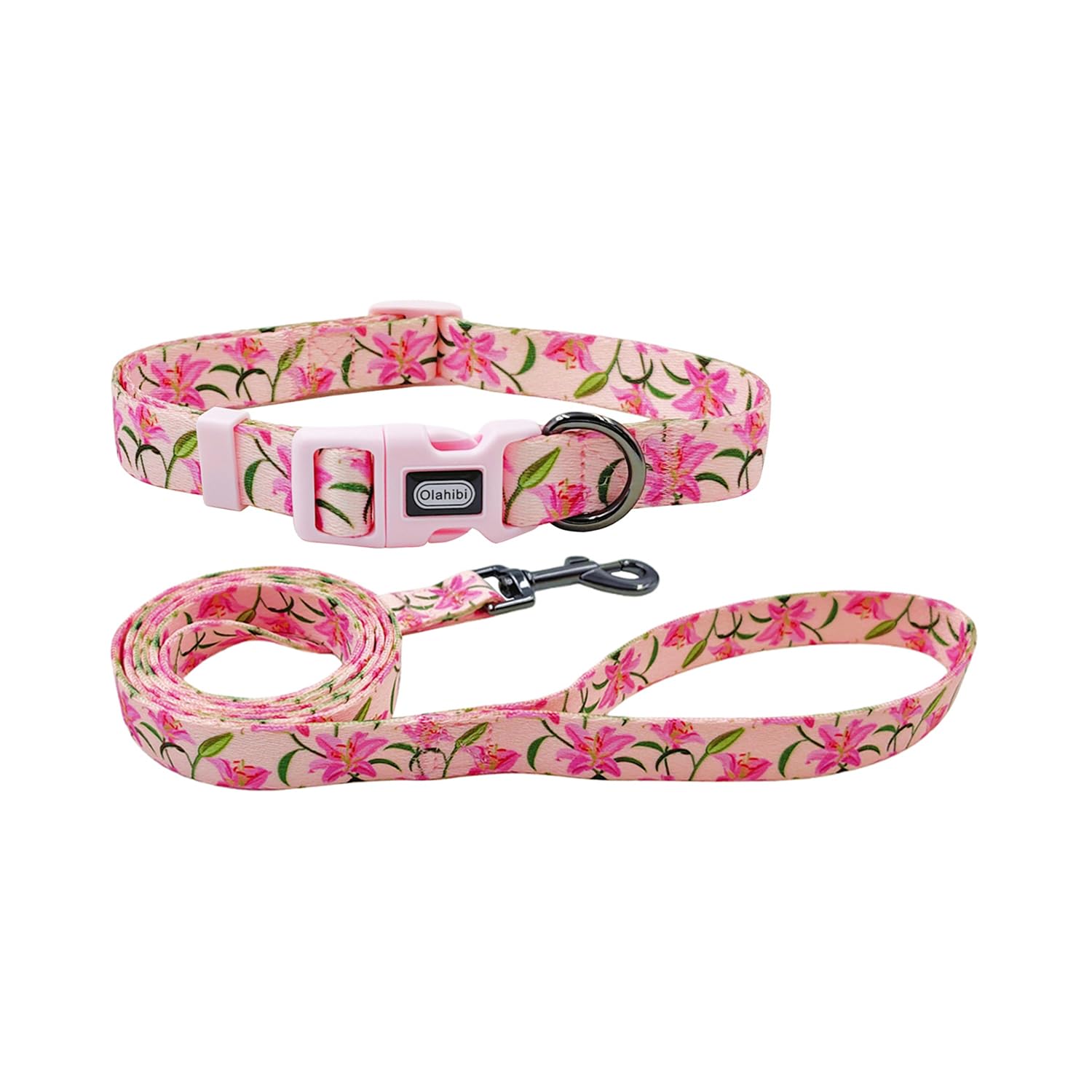 Olahibi Dog Collar Leash Set, Floral Pattern, Polyester Material, Adjustable Collar and 150CM Matching Leash, for Small Dogs.(S,Pink Lily)