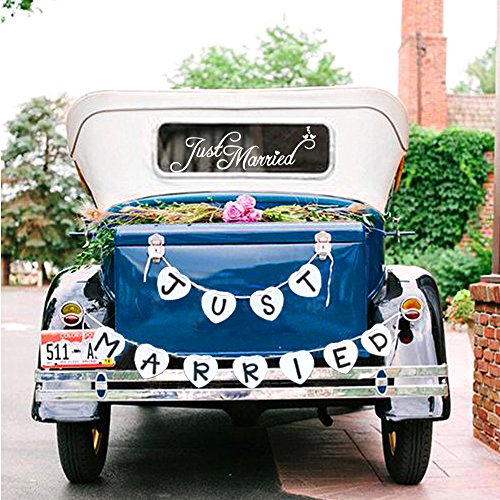 Just Married Car Window Decal & Just Married Bunting Banner Bundle, Konsait Just Married Car Sticker (7Ã—23in) with Garland Banner for Wedding Honeymoon Car Decoration Newlywed Wedding Gift