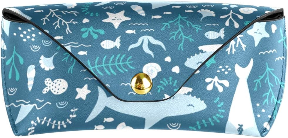 AGONA Portable Sunglasses Case Cartoon Cute Animal Blue Sharks Eyeglasses Goggles Case Holders PU Leather Sunglasses Pouch Eyewear Bag for Woman Men Ladies Girls