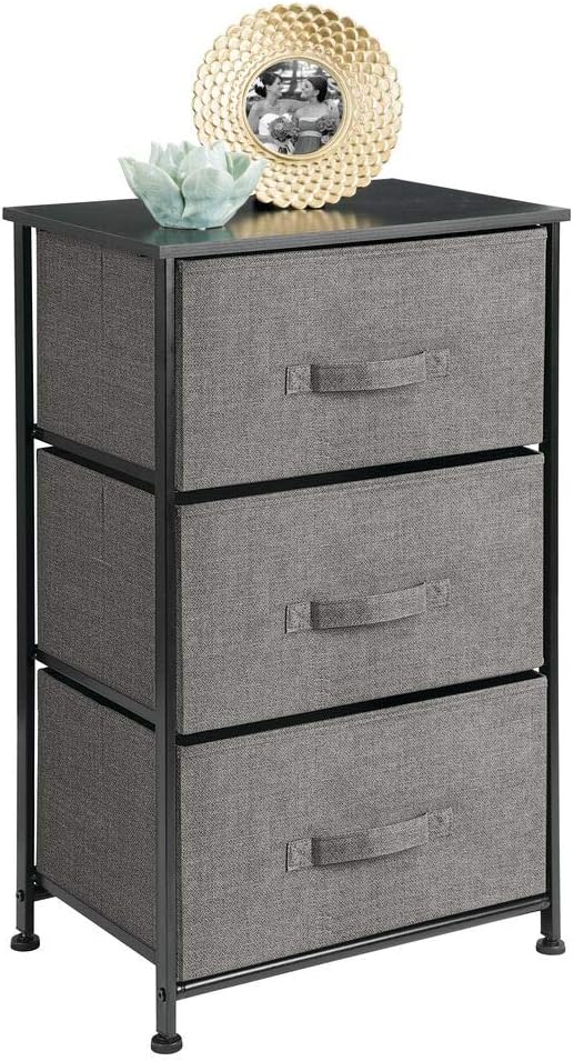 mDesign Vertical Dresser Storage Tower - Sturdy Steel Frame, Wood Top, Easy Pull Fabric Bins - Organizer Unit for Bedroom, Hallway, Entryway, Closets - Textured Print - 3 Drawers, Charcoal Gray/Black: Home & Kitchen