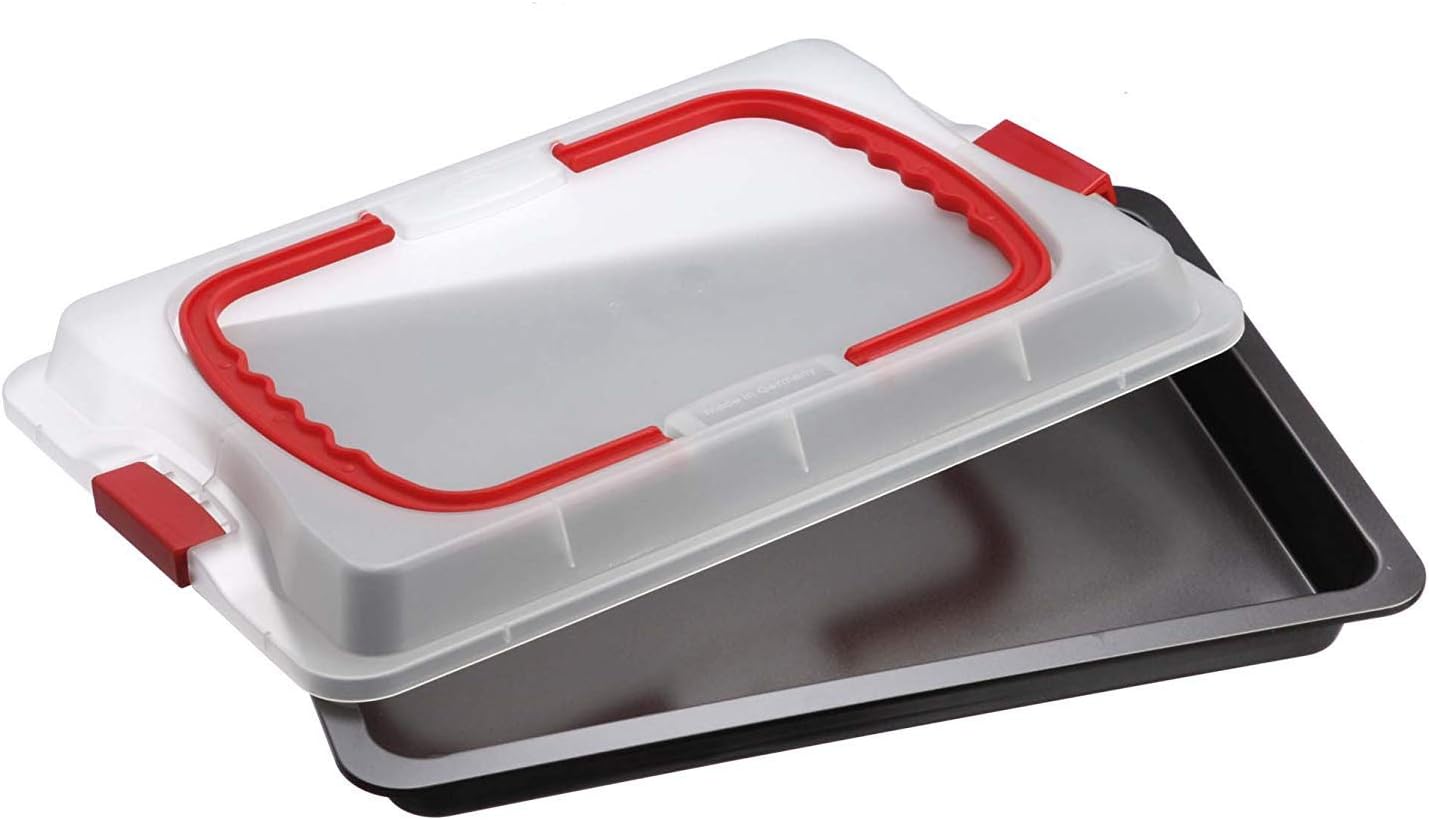 Dr. Oetker Backblech 3in1 mit Transporthaube, Ofenblech zum Backen, Aufbewahren & Transportieren, als Pizza-, Auflauf- & Kuchenblech, Maße: 42 x 29 cm
