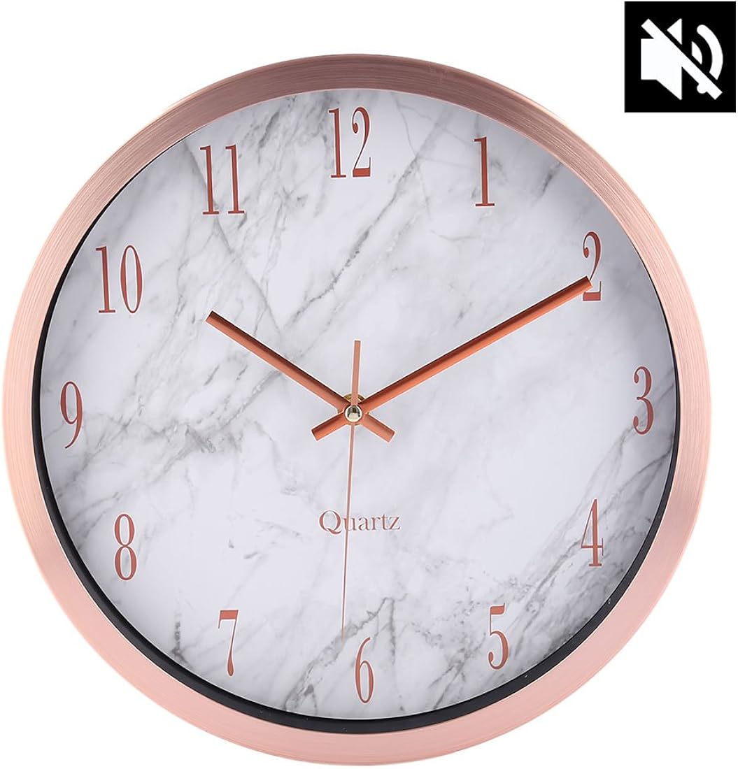 Yamix 12 Inch Aluminum Alloy Frame Silent Non Ticking Battery Operated Wall Clock Decorative Wall Clock Kitchen Wall Clock For Home Office School - Rose Gold
