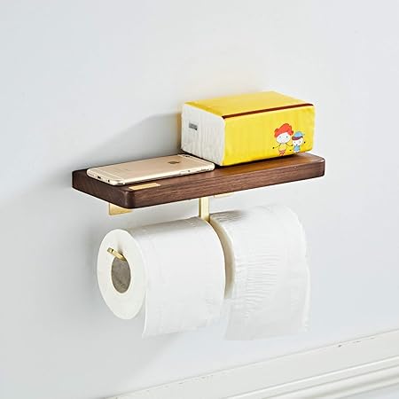 Kelelife Wall Mount Double Toilet Paper Roll Holder With Wooden Shelf Brushed Gold Amazon Co Uk Kitchen Home