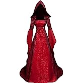 Medieval Victorian Dress for Women,Vintage Witch Halloween Renaissance Costumes Velvet Vampire Hooded Gothic Cosplay Gown