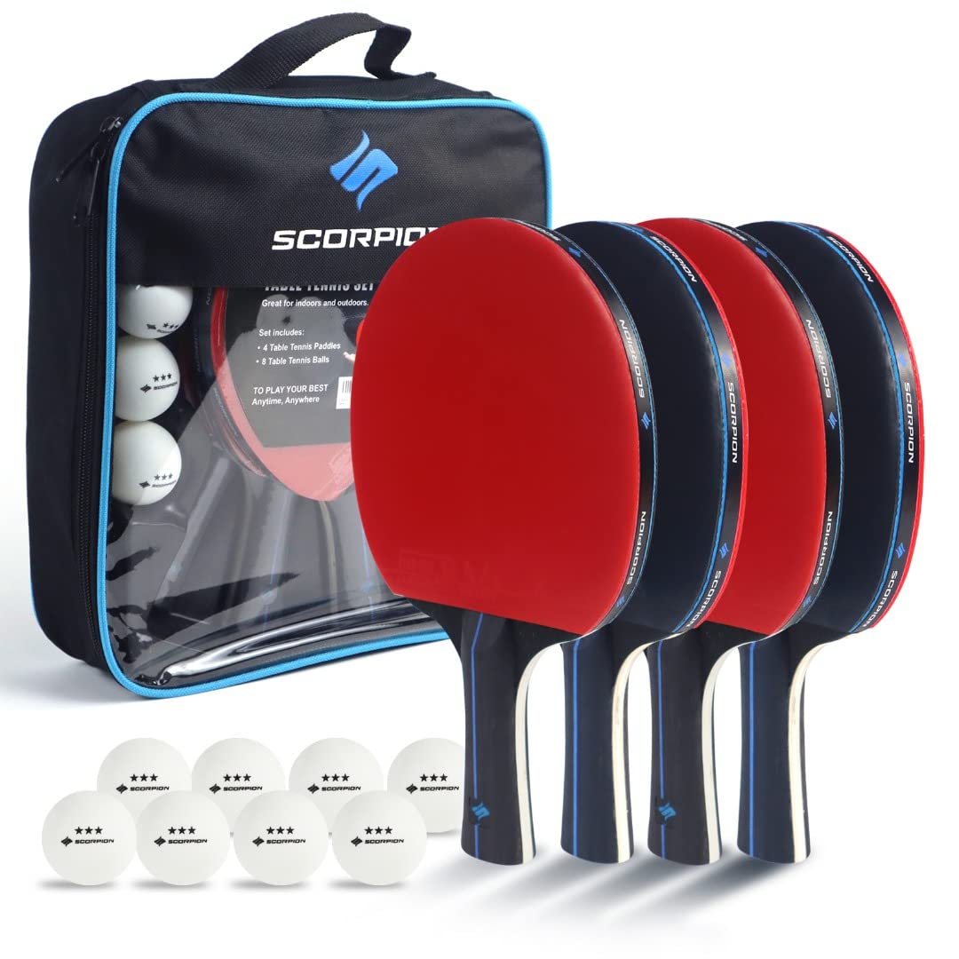 Scorpion Table Tennis Set for 4 Players – Table Tennis Bats & Ping Pong Paddles with 6 Balls and Carry Case – 5 Layer Wooden Racket Set for Indoor Outdoor Garden Games