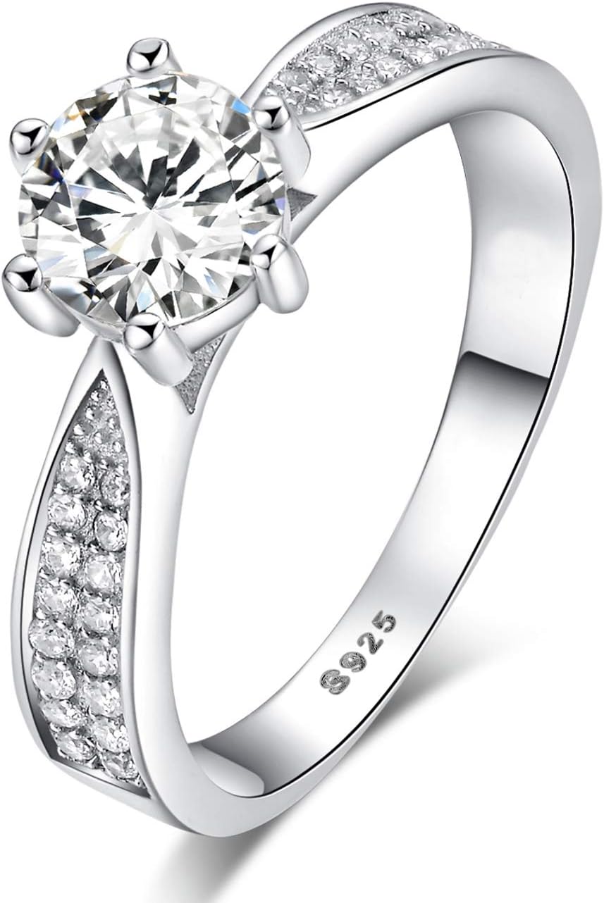 Sreema London925 Sterling Silver Brilliant Round Cut Crystals Solitaire Promise Forever Eternity Engagement Wedding Rings for women, teenage girls, Size UK