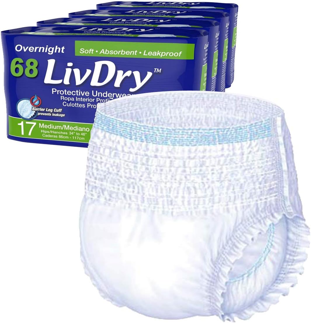LivDry Adult M Incontinence Underwear, Overnight Comfort Absorbency, Leak Protection, Medium, 68-Pack: Health & Personal Care