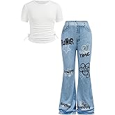 SOLY HUX Girl's Summer Clothes Short Sleeve Crop Top and Bell Bottom Jeans Set Cute 2 Piece Outfit