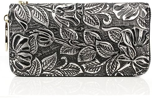 Women's Genuine Leather Flower Zipper Clutch Wallet Purse (Silver)