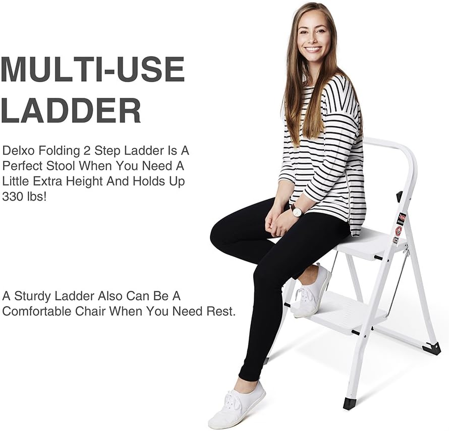 Delxo 2 Step Ladder Folding Step Stool Ladder with Handgrip Anti-Slip Sturdy and Wide Pedal Multi-Use for Household and Office Portable Step Stool Steel 300lbs White (2 feet): Kitchen & Dining