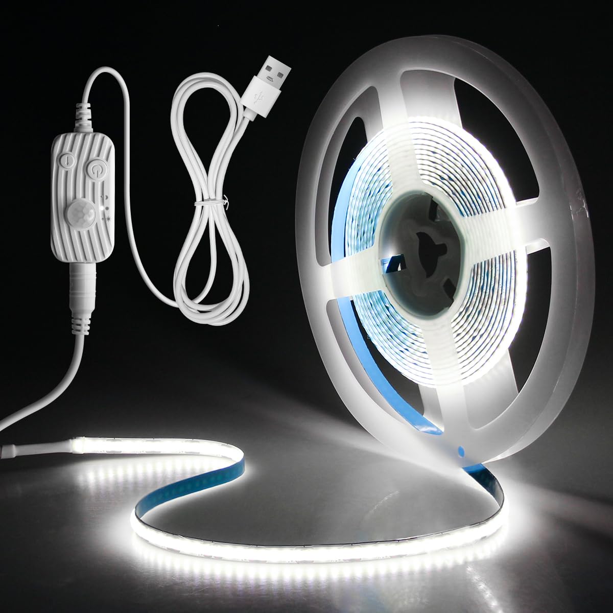 Aclorol 2M 5V Motion Sensor COB LED Strip 6000K Cool White PIR Sensing Strip Light with 1.5M USB Powered Cable High Density for Cabinet Kitchen Bedroom Stair Garage Home DIY Lighting 320LEDs/M