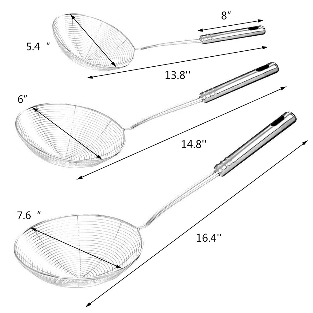 cnomg 3 pcs Stainless Steel Skimmer Strainer,Wire Skimmer with Spiral Mesh, Professional Grade Handle Skimmer Spoon Ladle for Pasta Chips