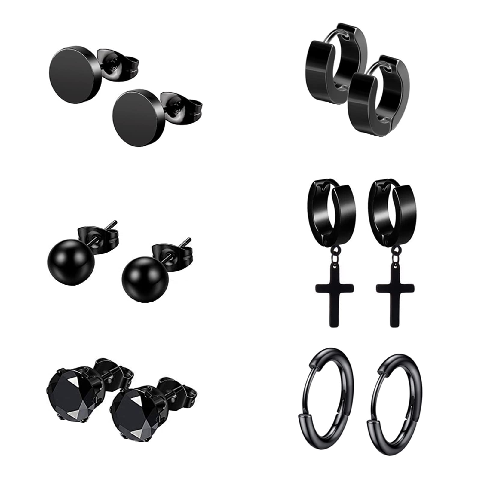 6 Pairs Stainless Steel Black Stud Earrings Set Hoop Earrings for Men Women Girl, Huggie Hoop Earrings Men, Cubic Zirconia Stud Earrings Black, Cross Earrings Black Earrings Men Women Piercing Tunnel