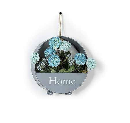 The Round Grey Metal Wall Planter, Dedoot Wall Mounted Flower Basket Planter with Rope Vintage Wall Hanging Flower Pot Stand Plant Holder Home Decor