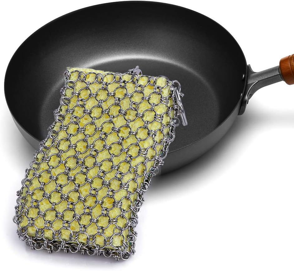 CocoKool Cast Iron Skillet Cleaner, Stainless Steel Cast Iron Cleaner with Wood Pulp Sponge, Premium Chainmail Scrubber for Cast Iron Pans, Durable Cast Iron Scraper, Faster Cast Iron Scrubber