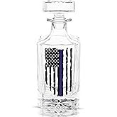 Rogue River Tactical Blue Line Tattered Flag Police Officer Whiskey Decanter With Glass Stopper Custom Gift For Men Dad Veteran Father's Day PD Police Officer
