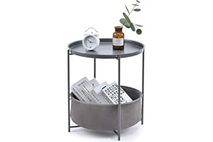TOOLF End Table, Metal Nightstand, Coffee Round Table, Sofa Side Snack Table with Detachable Tray Top and Fabric Storage Basket, Scandi Style Table for Living Room Bedroom (Dark Grey)